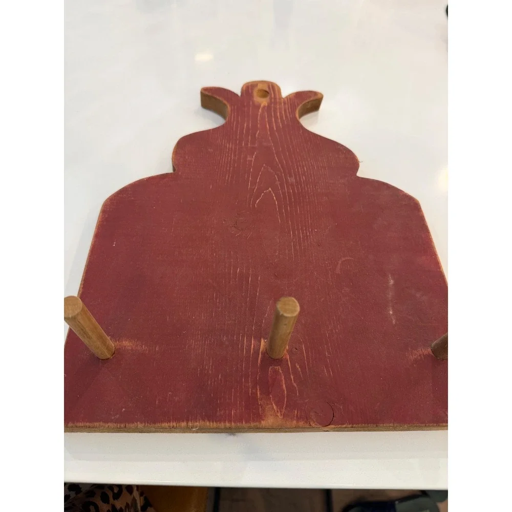 Vintage Primitive Red Wooden Wall Rack Pineapple Top 3 Peg Key Towel Hanger